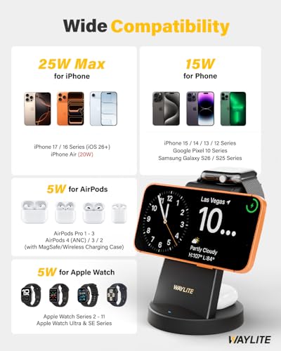 Image of 3 in 1 Fast Charging Station for iPhone, 25W Wireless Magnetic Phone Charger for iPhone 17 16e 16 15 14 13 12 Serise, Watch Charger Stand, Wireless Charging Station for AirPods 4 3 Pro, Dark Black