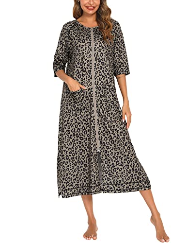 Rubehoow House Coat Damen Bademantel mit Reißverschluss vorne, halbe Ärmel, volle Länge, weiche Baumwolle, Staubwedelmantel mit Taschen, leopard, 46