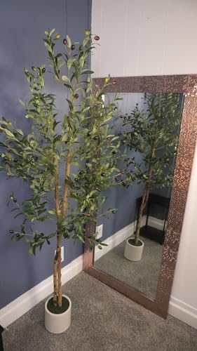 Artificial Olive Tree 5ft,Faux Plant with White Pot, Floor Fake Plants with Natural Wood Trunk and Fruits, Artificial Trees Indoor for Home Decor