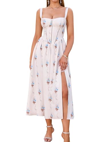 KUTUMAI Floral Corset Midi Dress Flowy Slit Summer Spring Wedding