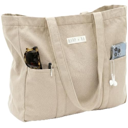 Harp + Ra Extra Large Unscructured Canvas Tote Bag for Women - Open Top, Everyday Carry, Pockets - no zipper - Gift for Women (Dusty Beige)