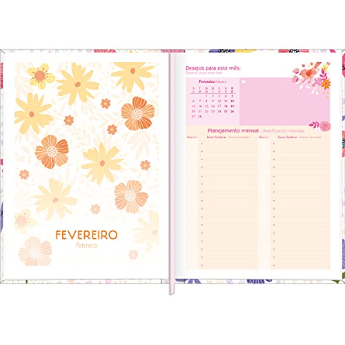 Agenda Costurada Diária 12,3 x 16,6 cm Charme 2023 - Flores Branca e Rosa - Tilibra