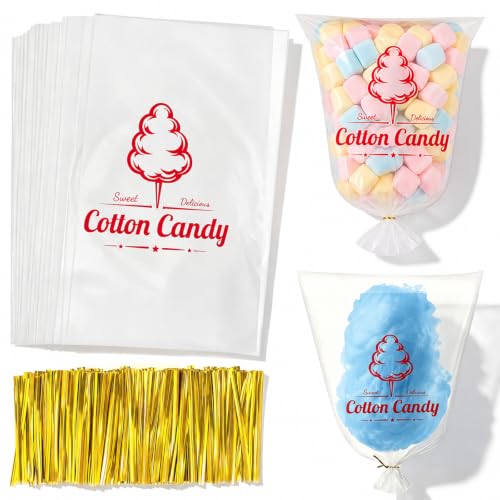 [100 PCS] Cotton Candy Bags with Ties 11.8 x 17.7 Inch Large Clear Cotton Candy Bags Supplies for Carnival Party Birthday Home Concession Stand Supplies