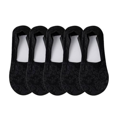 KIASRZN New Women's Lace Flower Cotton Bottom Invisible Socks,Women's No Show Lace Low Cut Socks (5 Pairs Black,One Size)