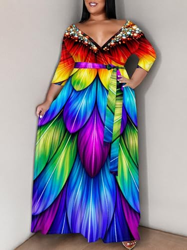 Image of SUZONANA Plus Size Maxi Dresses for Curcy Women Casual Loose 3 /4 Sleeve Long Dress with Belt