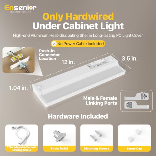 Image of Ensenior Hardwired Under Cabinet Lighting, 12 Inch 8W Under Cabinet Lights | Built-in 4-Level Dimmer & Switch, Premium Aluminum, Easy Link, True-color CRI 90+, 5 Colors, Moisture-Proof, FCC