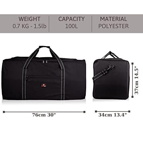 Roamlite Extra Large Size 2-X-L Duffel Bag - Very Big Holdall, Cargo Travel Luggage - 100 Litre 30 Inch, L76 cm xW34cm xH37cm - Plain Black RL30K3