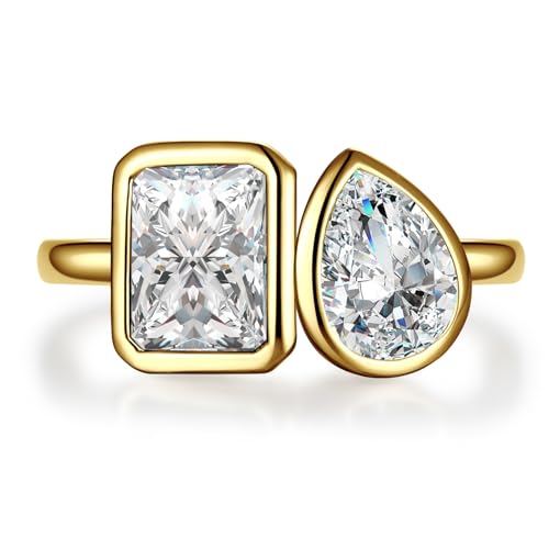 6x8mm 3.5CT Toi Et Moi Ring 925 Sterling Silver 14k Gold Plated Engagement Ring For Women Double Stone Ring Emerald & Pear Cut Cubic Zirconia Wedding Ring Width Band 1.9mm - Size 5-93