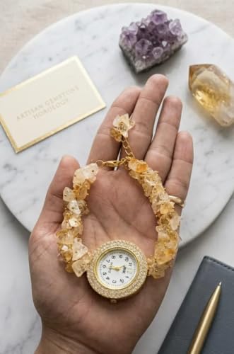 Image of ARKN Crystal Bracelet Watch for Women | Natural Gemstone Beaded Wrist Watch | Gold-Tone Dial with Rhinestone Bezel | Adjustable Fashion Jewellery Gift for Women & Girls