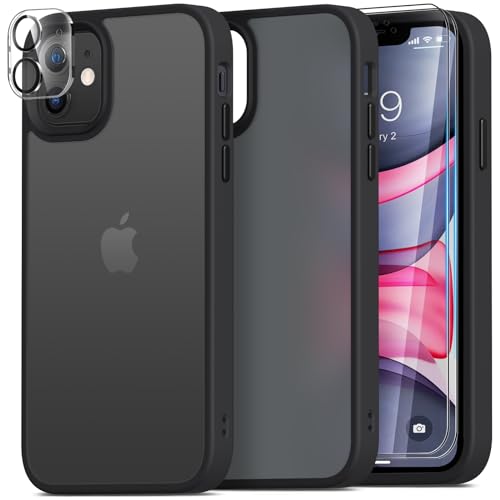 Mootobo für iPhone 11 Hülle, 4 in 1 Handyhülle für iPhone 11 Hülle mit 2 Schutzfolie + Kameraschutz, Stoßfest Militärstandard Schutzhülle Cover Mattierte Durchscheinende Rückseite 6.1''-Schwarz