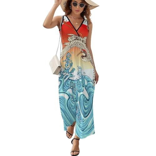 Robe longue d'été col V Oiseau du Coucher du Soleil pour plage
