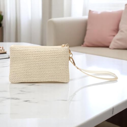 Generic 1Pcs Money Pouch for Traveling Solid Woven Straw Double-Zip Wristlet Woven Straw Beige 18x10.5cm