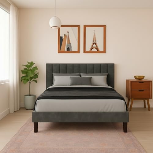 Image of Wooden Upholstered Bed King Size Without Storage | Wrought Iron King Size Cot with Headboard | Double Size Bed for Bedroom | Palang Furniture for Guest Room, Grey Finish, (Grey Finish)