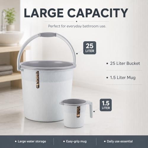 Image of Plastic Bucket with Mug Combo | Bathroom Set (25 Liter Bucket+ 1 Liter Mug) (White)