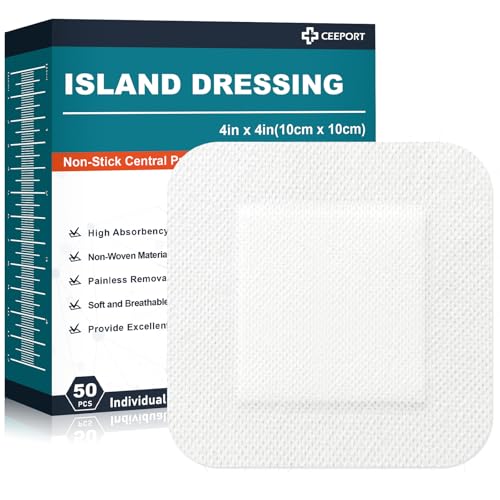 Ceeport Island Dressing 4x4 50 Individually Packed Bordered Gauze Pads 2.36x2.36 Non-Stick Pad in Center with Adhesive Border Highly Absorbent Non-Woven Medical Grade Bandages for Wounds
