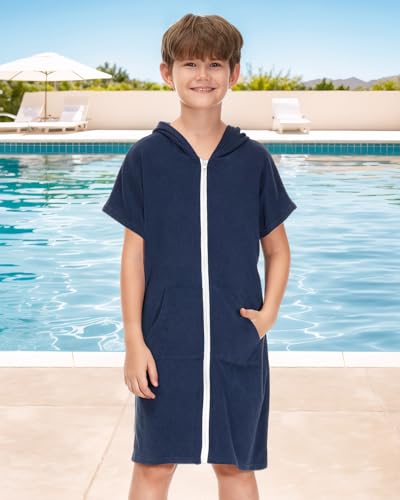 BesserBay Unisex Kids Zip Up Terry Swim Cover Up Cozy Hooded Bathrobe with Pockets 3-14 Years2
