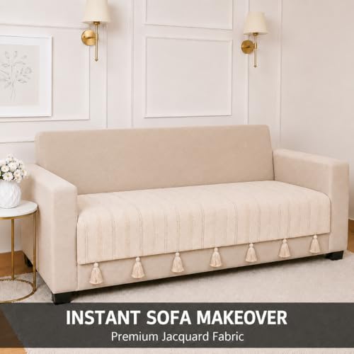 Image of STITCHNEST 'Nomad Weave Collection' 1 Seater Sofa Cover|Elegant Jacquard Fabric, Decorative Tassels, Washable & Durable for Modern Living60