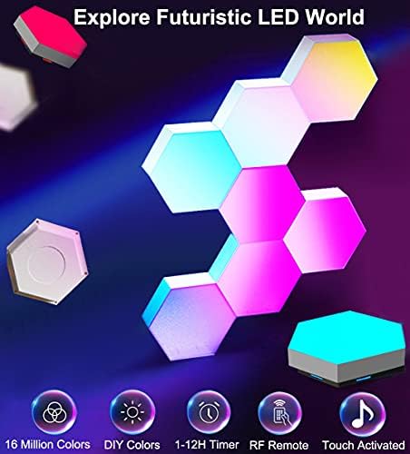 Hexagon Lights Sync with Music,Smart LED Wall Lights with RF Remote Built-in Mic 16 Million Colors Modular Light Panels DIY Geometry Splicing Quantums Night Light for Bedroom Bar Cafe Decor,6 Pack