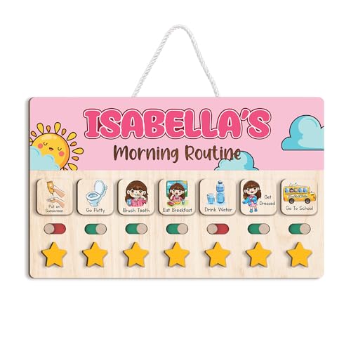 Image of Personalized Wooden Chore Chart for Kids, Daily Routine Chart for Toddlers, Visual Schedule for Kids Age 3-5, Morning Bedtime Routine for Girls (01)