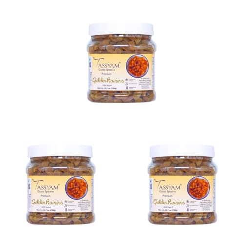 Image of Tassyam Golden Raisins Healthy Juicy Hand-Sorted Jumbo Indian Kishmish Jar, 700g (Pack of 3)