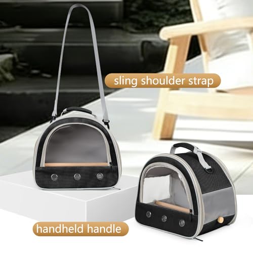 Image of Bird Carrier, Portable Small Bird Parrot Parakeet Carrier with Standing Perch and Stainless Steel Tray, Side Access Window Collapsible (Black, Horizontal Perch)