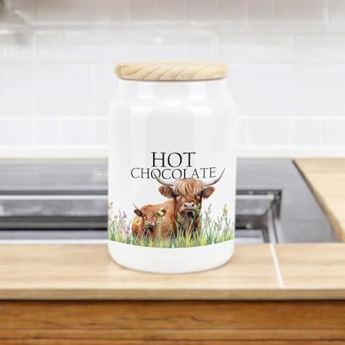 Purely Home Highland Cow Ceramic Hot Chocolate Storage Canister - Mum & Calf Farmyard Kitchen Food Storage Container & Wooden Lid 600ml (14.5cm x 9.5cm)