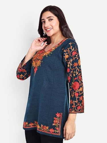 Image of HAUTEMODA Women Woollen Short Kashmiri Embroidery Phiran Kurta