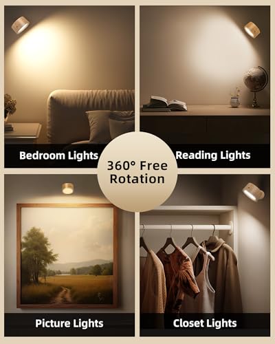 Image of LED Wall Mounted Lights, Rechargeable Wall Sconces Lamp, 3 Color Temps & Remote and Touch, 360Rotation Dimmable Cordless Wall Light for Study Bedroom Reading Bedside(Wood, 2 Pack)