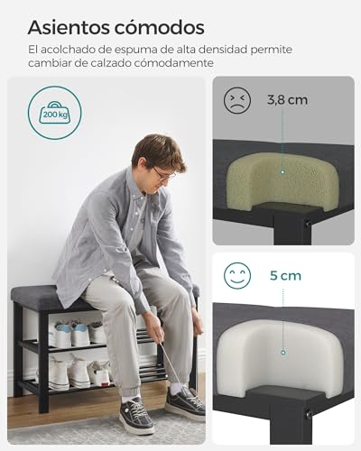 SONGMICS Banco Zapatero, Zapatero de 3 Niveles, Organizador Zapatos con Asiento Acolchado de Espuma, Lino, Marco de Metal, para Sala de Estar, Pasillo, 31 x 81 x 49 cm, Gris Oscuro y Negro LBS057B01 - Image 5