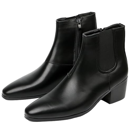 QEOSNBX Men'S Classic Leather Chunky Heel Chelsea Boots With Side Zipper Fashion Pointed Toe Elastic Band High Top Block High Heel Formal Chukka Booties For Casual Business Party Wedding (Black,12)