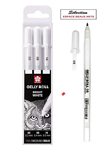Sakura Gelly Roll Blanco, 4 bolígrafos Bright White en estuche, Mix-Size 05/08/08//10.