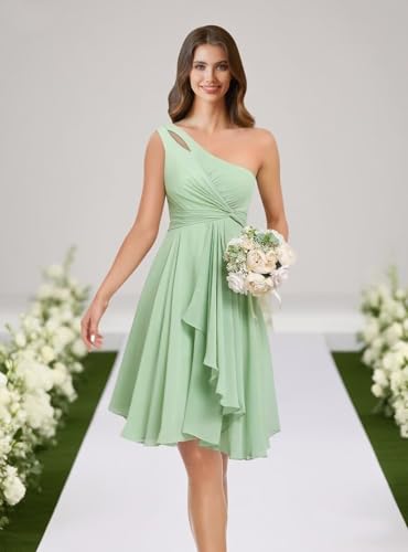 Women's One Shoulder Short Bridesmaid Dresses A Line Chiffon Pleated Formal Party Dress with Ruffled4