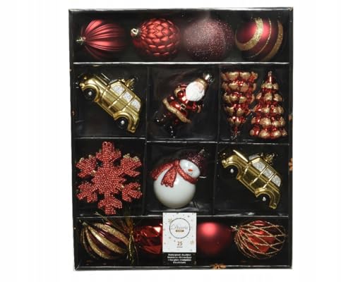 25 piezas Navidad Baubles Plastic Golden & Red Tree Decoration, Christmas Tree Decoration Shatterproof