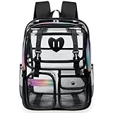 Ujemin Clear Backpack for Girls Women Heavy Duty Transparent Bookbag School Backpack with Mesh Pockets Stadium Approved See Through Backpack (Black)