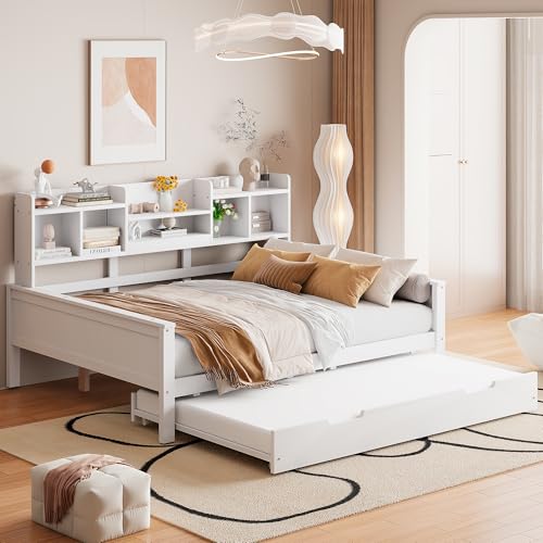 Luxeza Sofá cama extensible de madera maciza, cama nido 90 x 190 cm, con compartimento de almacenamiento y somier, cama multifunción de pino (blanco, 140 x 200 cm)