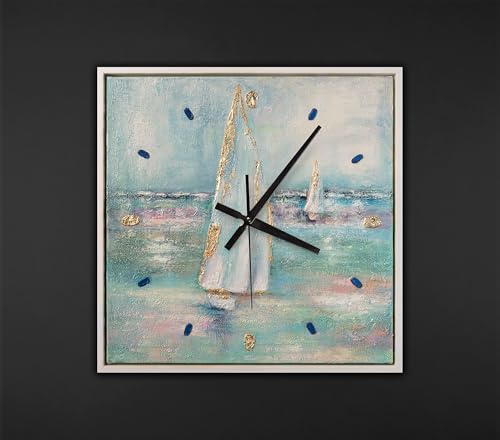 YS Orologio da parete dipinto a mano 35x35 – Barca a vela sul mare turchese Art Gallery