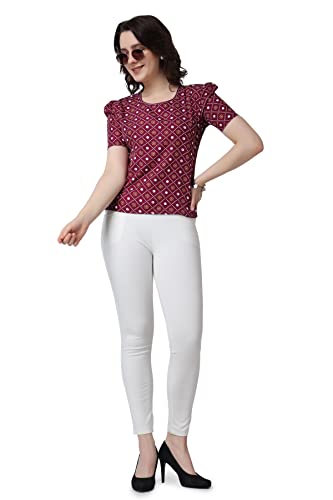 Image of POPWINGS Casual Printed Puff Sleeves Round Neck Top for Women || Stylish Summer Tops for Women || Hip-Length Women Top