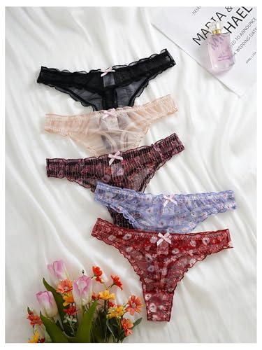 Image of SHENHE Women's 5 Packs Floral Lettuce Trim Bow Low Rise Cute Thong Panties Underwear