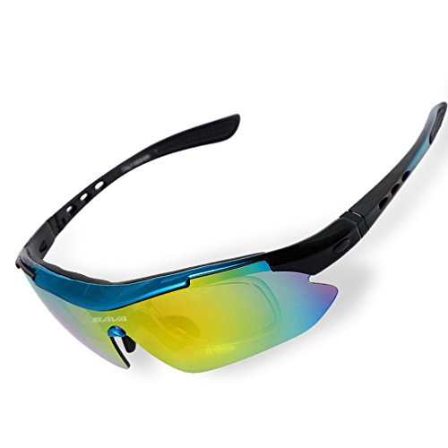SAVA TR90 Lunettes de Cyclisme Lunettes de Soleil polarisées pour Les activités de Plein air Protection des Yeux Équipement de vélo Multi Sport Swap 5 UV400-Lentilles irrégulières (Bleu)