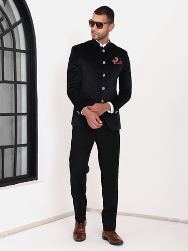Image of MANQ Men Slim Fit Bandhgala Velvet Blazer - Mandarin Collar, Button Closure, Long Sleeves, Solid Ethnic Winter Wear with Three Pockets for Adults
