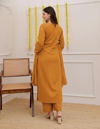 Image of ANNI Designer Pure Cotton Embroidered Kurta Set for Women | Rust Orange Kurta with Pants & Dupatta | Floral Neck & Hem Embroidery | Cotton Kurta Set for Women | 10 Colour Options Available