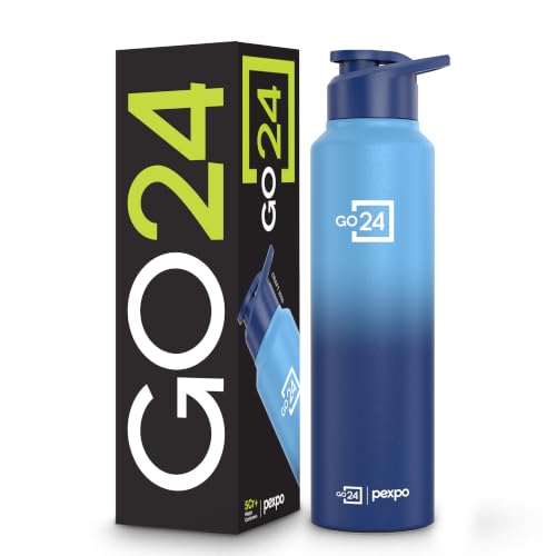 Go24 pexpo Stainless Steel Water Bottle Craft Blue-Denim Blue Ombre 950ml | Sipper Cap Lightweight single-wall water bottle with leakproof lid,