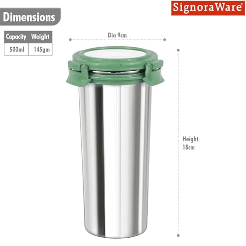Image of Signoraware Lock N Store Stainless Steel Round Tumbler | Airtight & Leakproof | Compact Design | Easy to Clean | Ideal for Office, School, Travel, and Home Use (500ml | EGreen)