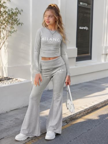 Image of OLMRJKD Girls 2 Piece Outfits Long Sleeve Letter Printed Sweatshirt & Wide Leg Pants Fall Clothing Set Size 7-16 Years