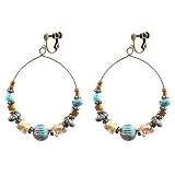 Women's Vintage Clip on Non Pierced Earrings Creative Beads Dangle Ethnic Round Circle and Wooden Tu