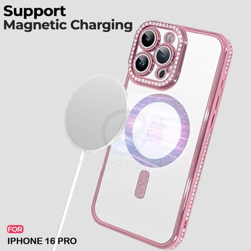 Image of AESTMO Back Cover for iPhone 16 Pro Compatible with MagSafe | Diamond Glitter Case | Luxury Bling Rhinestone Soft Clear TPU Bumper | Camera Lens Protection Cover for iPhone 16 Pro (Pink)