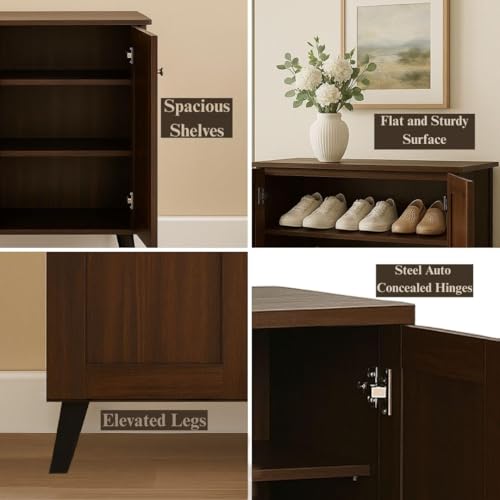 Image of Mevigo Shoe Rack Wooden with Door - 2 Door 4- Tier Engineered Wood Shoe Rack Organizer for Entryway, Hallway & Bedroom, Space Saving Shoe Storage Cabinet -Brown-JB1