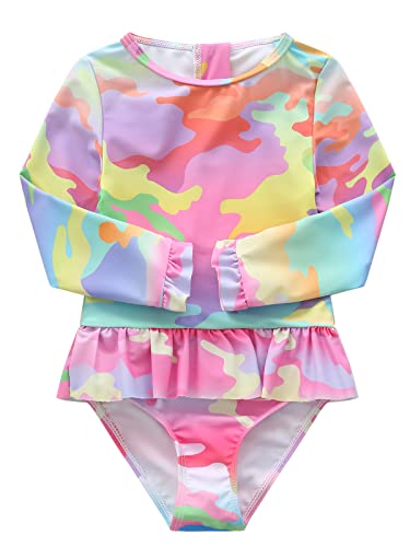 Image of Aisyee Baby Girls One Piece Swimsuits Long Sleeve Rash Guard Swimshirts
