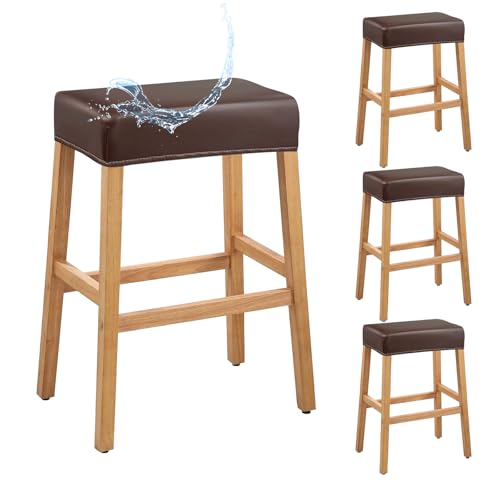 Image of PU Leather Bar Stool Covers Rectangular, 100% Waterproof Stool Covers Rectangle Super Stretch 20% Thicker Leather Saddle Stools Cover Rectangular Counter Bar Stools with Elastic Band (4 PCS, Coffee)