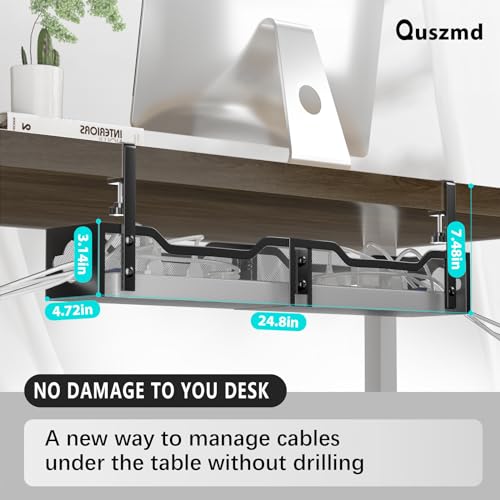Image of Under Desk Cable Management No Drill, Standing Desk Cable Organizer, Quszmd Under Desk Cord Organizer, Under Desk Wire Management Tray - No Damage to Desk